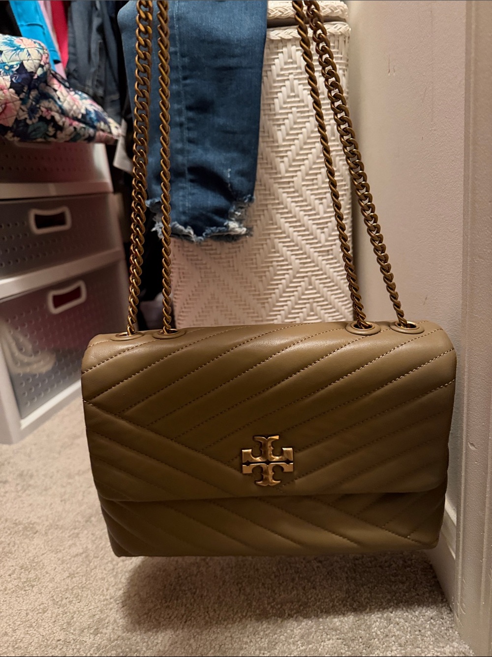 Tory Burch Olive Quilted Leather Chain Shoulder Bag with Gold Logo